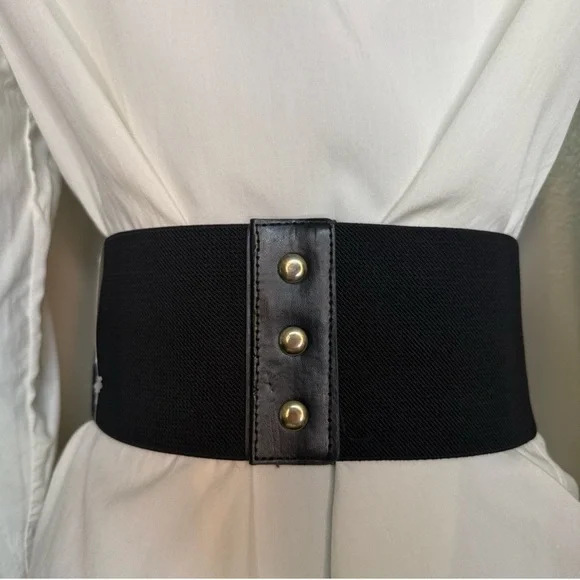 Black faux leather wide elastic waistband lace up corset belt - Picture 3 of 7